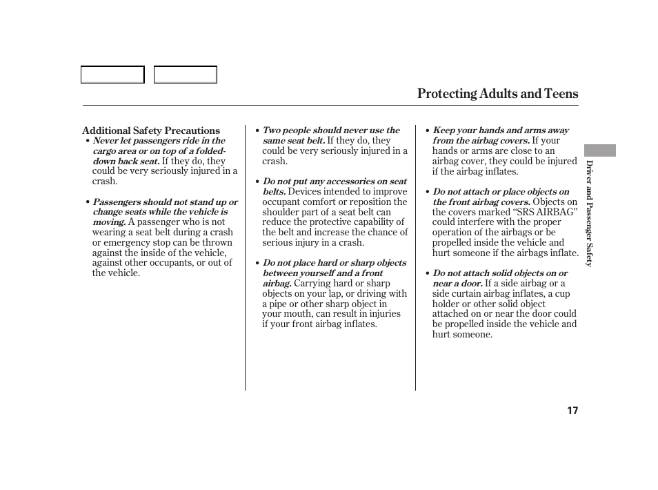 Protecting adults and teens | HONDA 2006 CR-V - Owner's Manual User Manual | Page 20 / 274