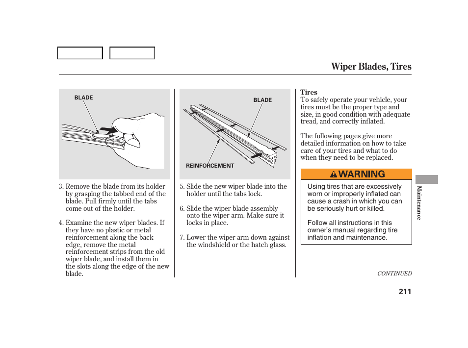 Wiper blades, tires | HONDA 2006 CR-V - Owner's Manual User Manual | Page 214 / 274