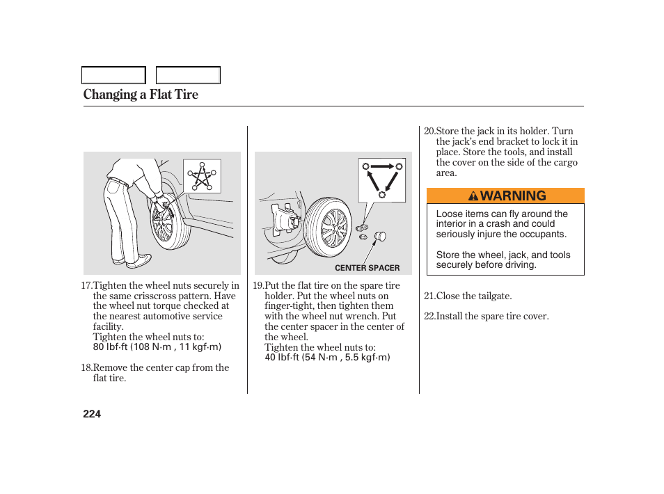 Changing a flat tire | HONDA 2006 CR-V - Owner's Manual User Manual | Page 227 / 274