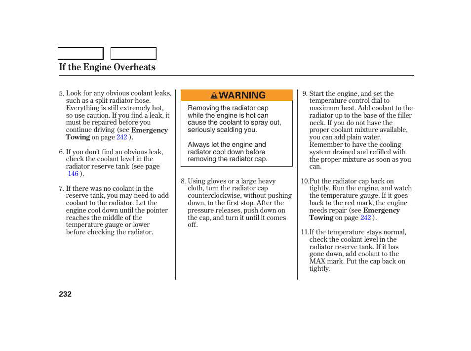 If the engine overheats | HONDA 2006 CR-V - Owner's Manual User Manual | Page 235 / 274