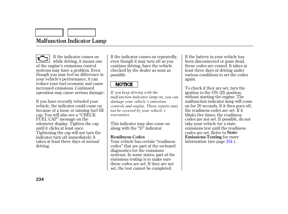 Malfunction indicator lamp | HONDA 2006 CR-V - Owner's Manual User Manual | Page 237 / 274