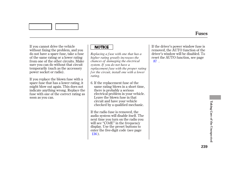 Fuses | HONDA 2006 CR-V - Owner's Manual User Manual | Page 242 / 274