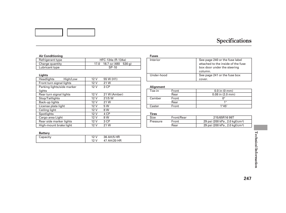 Specifications | HONDA 2006 CR-V - Owner's Manual User Manual | Page 250 / 274