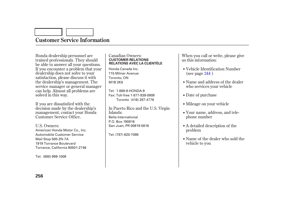 Customer service information | HONDA 2006 CR-V - Owner's Manual User Manual | Page 259 / 274