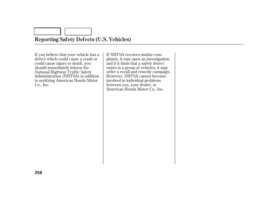 Reporting safety defects (u.s. vehicles) | HONDA 2006 CR-V - Owner's Manual User Manual | Page 261 / 274