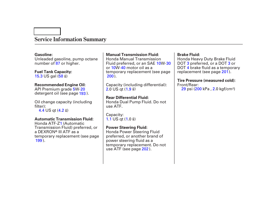 Service information summary | HONDA 2006 CR-V - Owner's Manual User Manual | Page 274 / 274