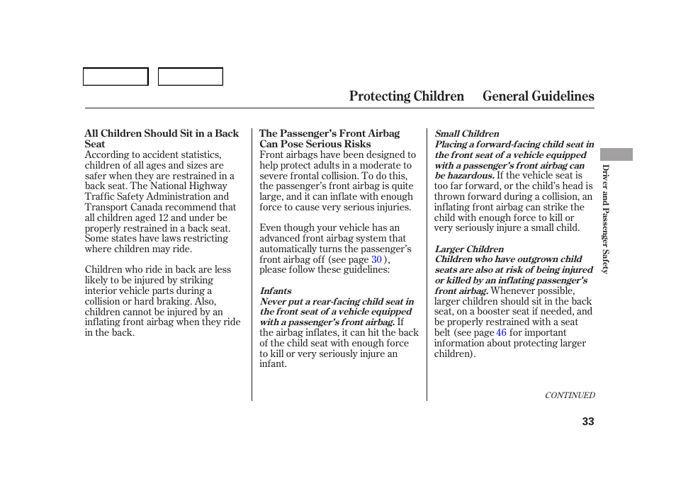 Protecting children general guidelines | HONDA 2006 CR-V - Owner's Manual User Manual | Page 36 / 274