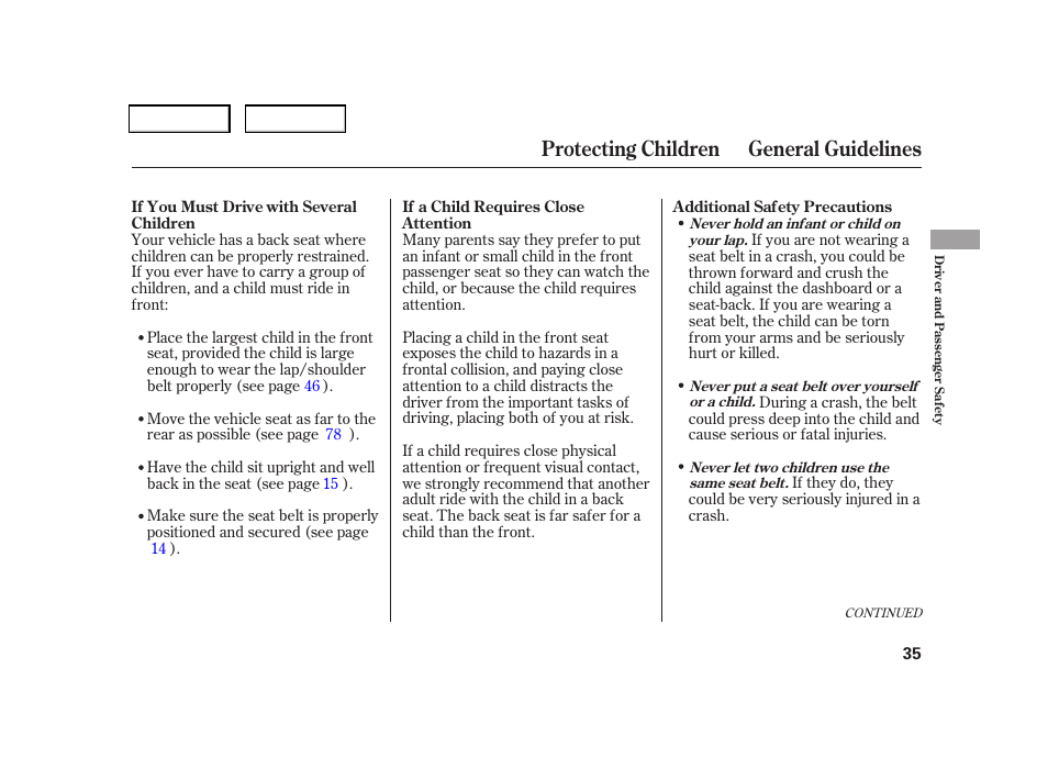 Protecting children general guidelines | HONDA 2006 CR-V - Owner's Manual User Manual | Page 38 / 274