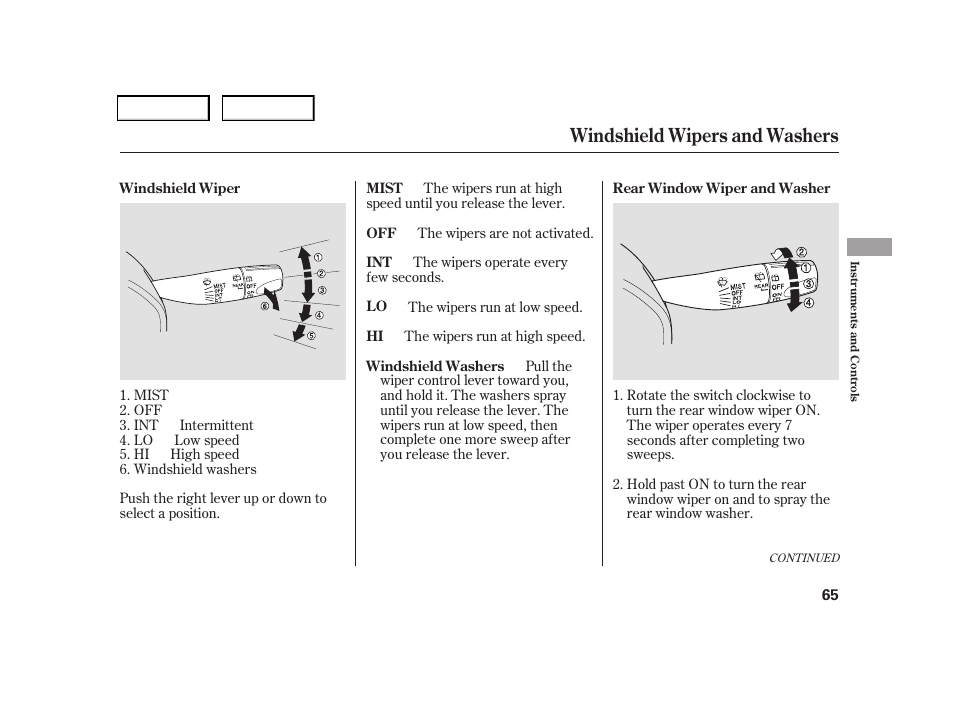 Windshield wipers and washers | HONDA 2006 CR-V - Owner's Manual User Manual | Page 68 / 274