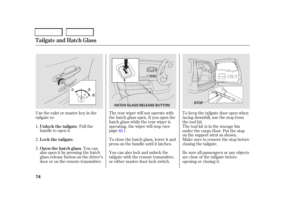 Tailgate and hatch glass | HONDA 2006 CR-V - Owner's Manual User Manual | Page 77 / 274