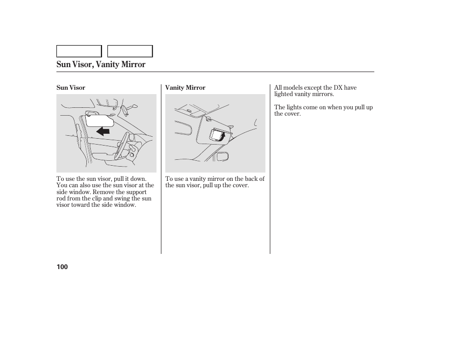 Sun visor, vanity mirror | HONDA 2005 Accord Sedan - Owner's Manual User Manual | Page 101 / 302