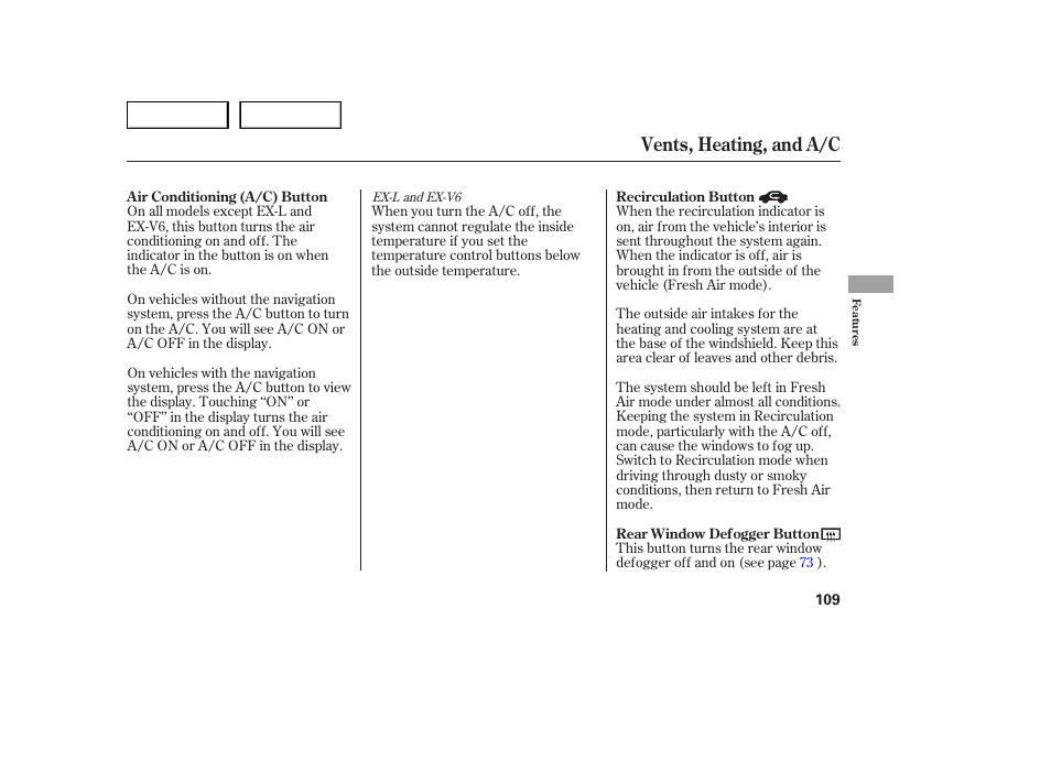 Vents, heating, and a/c | HONDA 2005 Accord Sedan - Owner's Manual User Manual | Page 110 / 302