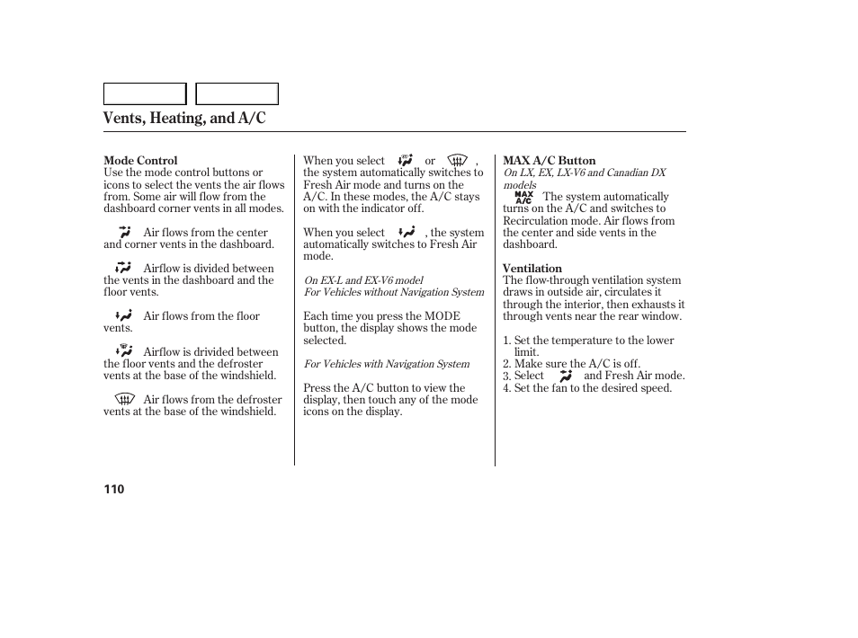 Vents, heating, and a/c | HONDA 2005 Accord Sedan - Owner's Manual User Manual | Page 111 / 302