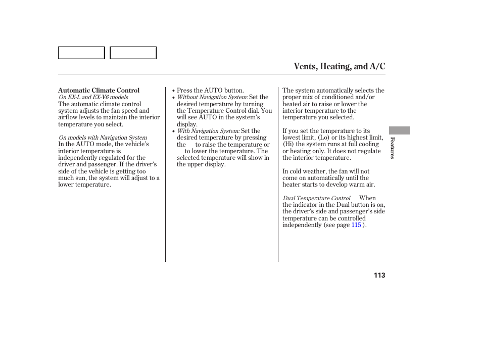 Vents, heating, and a/c | HONDA 2005 Accord Sedan - Owner's Manual User Manual | Page 114 / 302