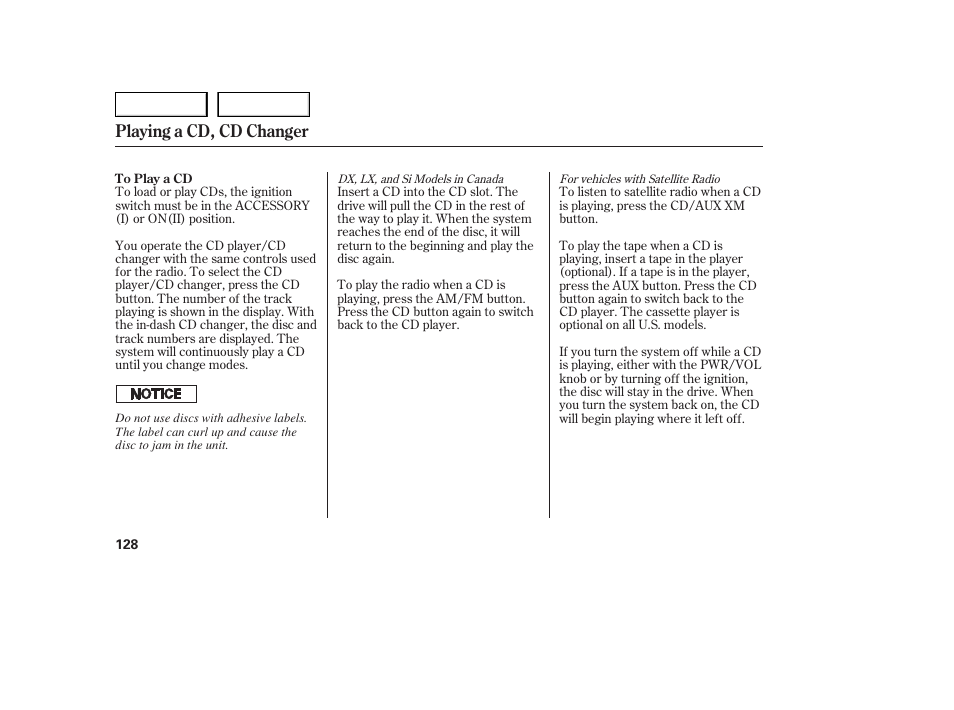 Playing a cd, cd changer | HONDA 2005 Accord Sedan - Owner's Manual User Manual | Page 129 / 302