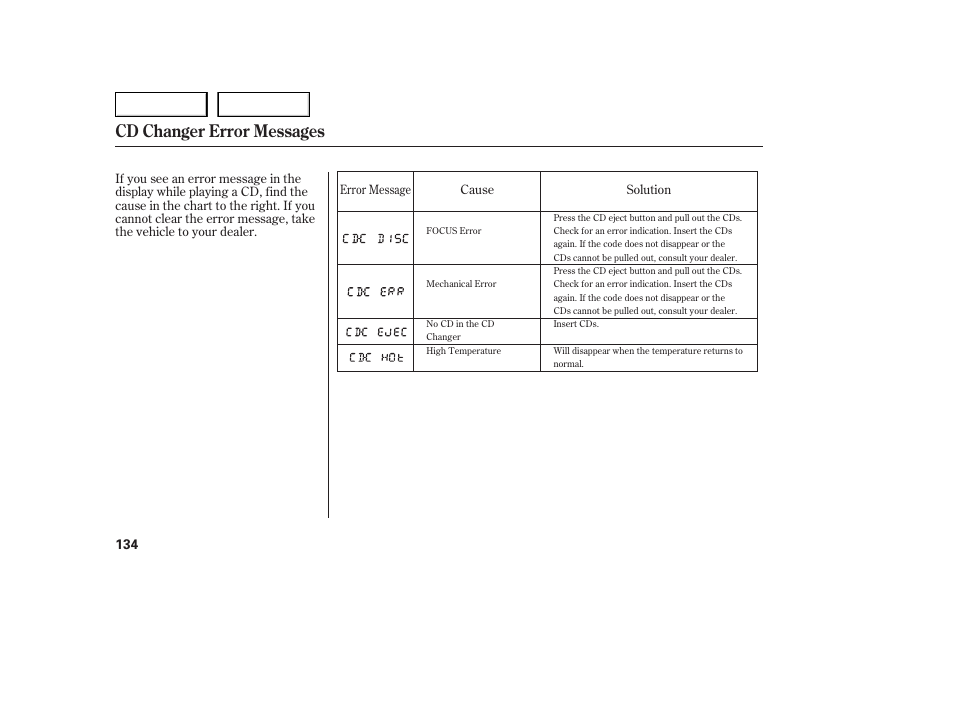 Cd changer error messages | HONDA 2005 Accord Sedan - Owner's Manual User Manual | Page 135 / 302