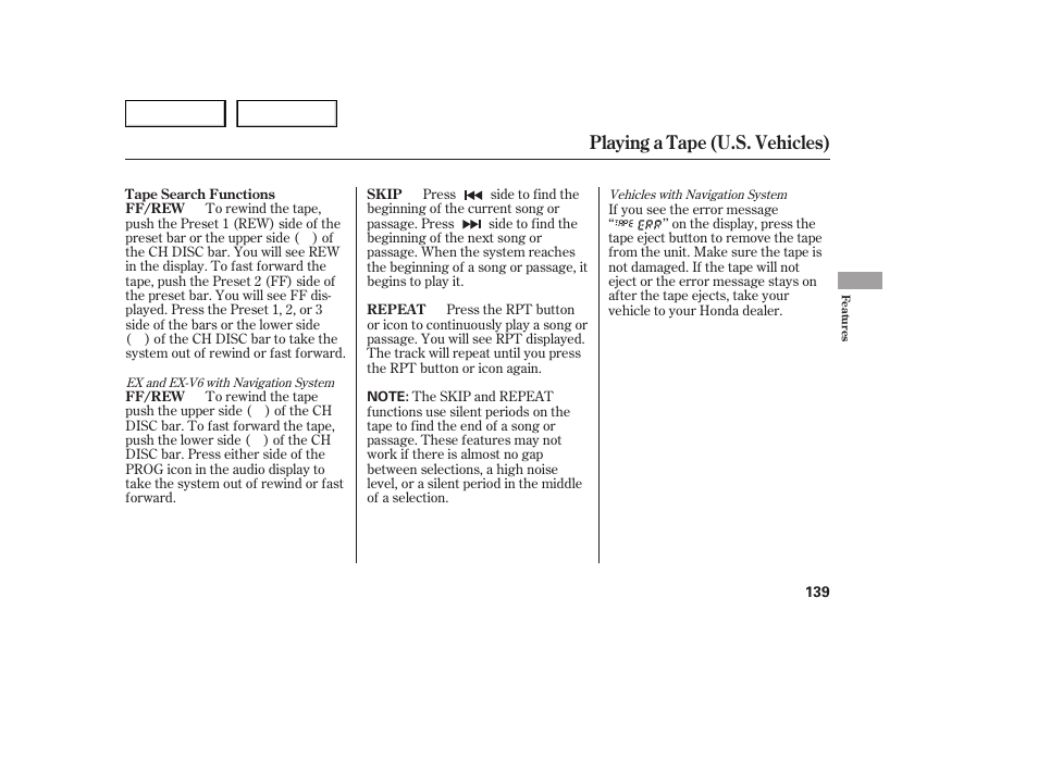 Playing a tape (u.s. vehicles) | HONDA 2005 Accord Sedan - Owner's Manual User Manual | Page 140 / 302