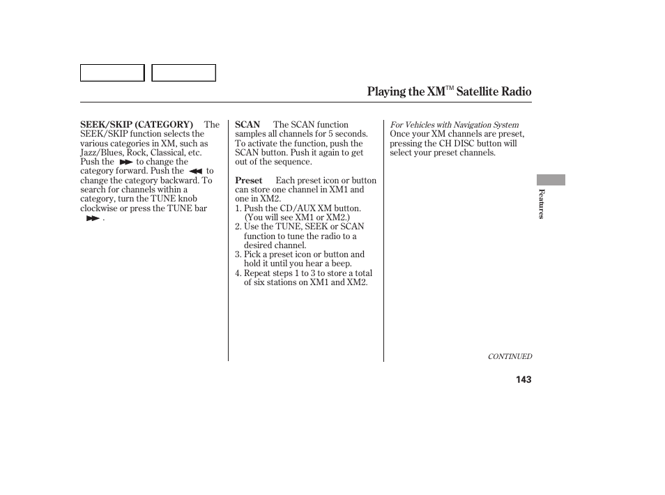 Playing the xm satellite radio | HONDA 2005 Accord Sedan - Owner's Manual User Manual | Page 144 / 302