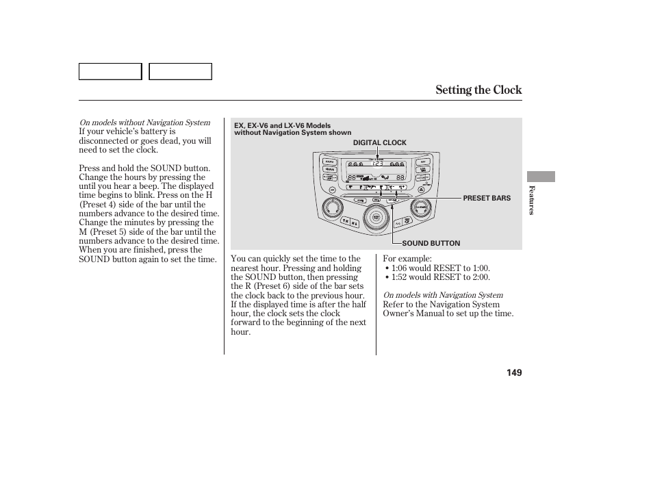 Setting the clock | HONDA 2005 Accord Sedan - Owner's Manual User Manual | Page 150 / 302