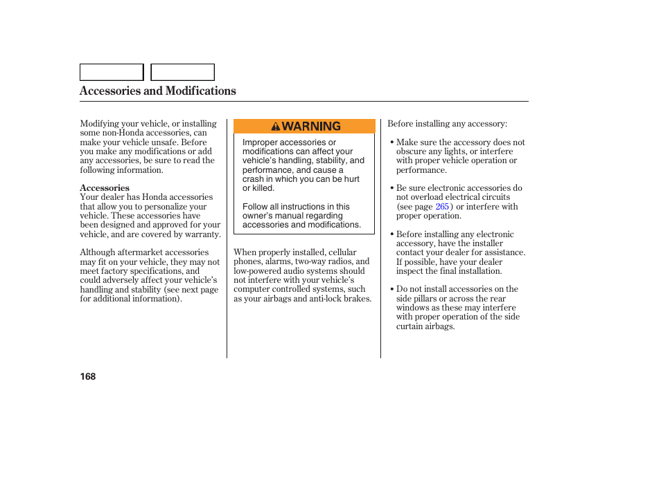 Accessories and modifications | HONDA 2005 Accord Sedan - Owner's Manual User Manual | Page 169 / 302