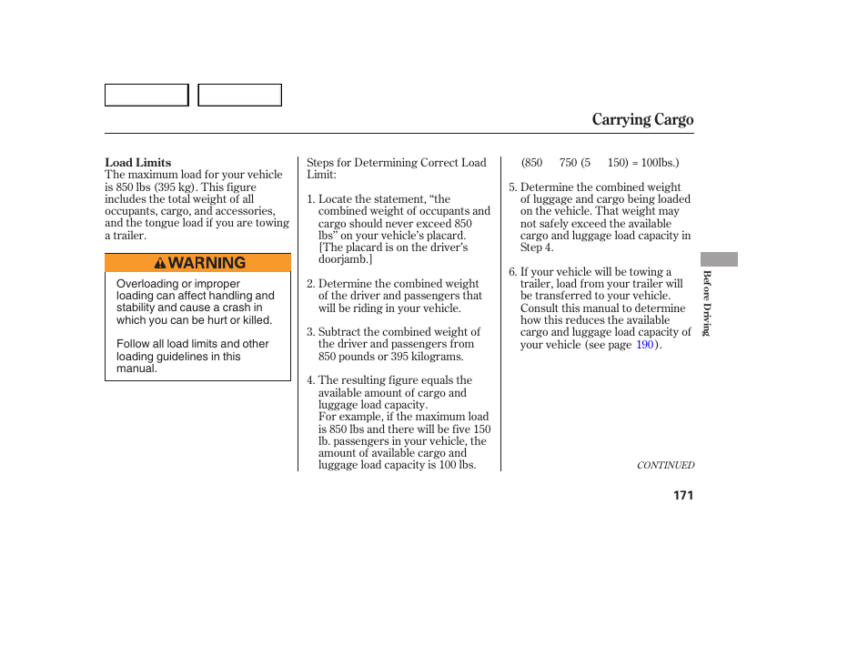 Carrying cargo | HONDA 2005 Accord Sedan - Owner's Manual User Manual | Page 172 / 302