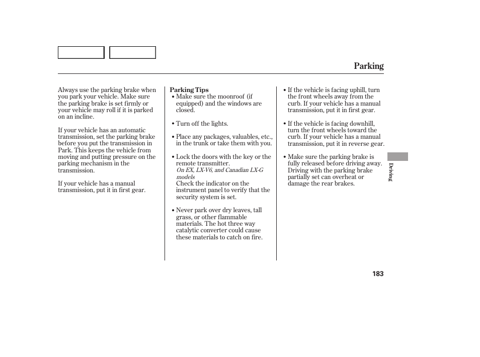 Parking | HONDA 2005 Accord Sedan - Owner's Manual User Manual | Page 184 / 302
