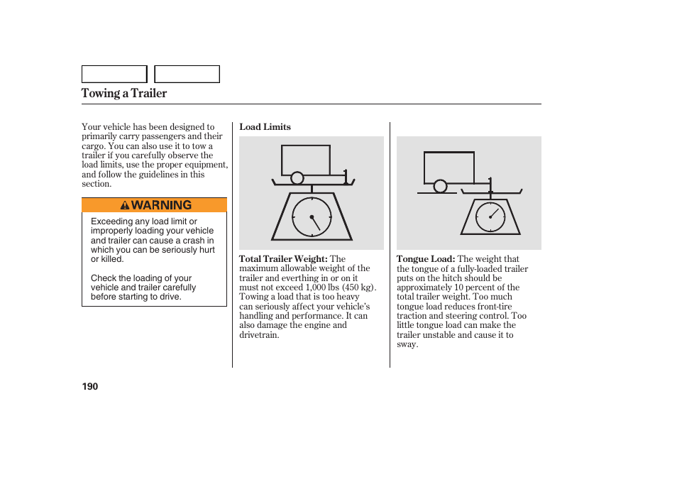 Towing a trailer | HONDA 2005 Accord Sedan - Owner's Manual User Manual | Page 191 / 302
