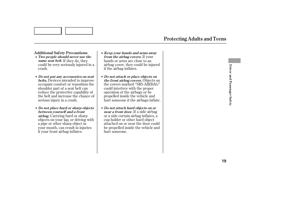 Protecting adults and teens | HONDA 2005 Accord Sedan - Owner's Manual User Manual | Page 20 / 302