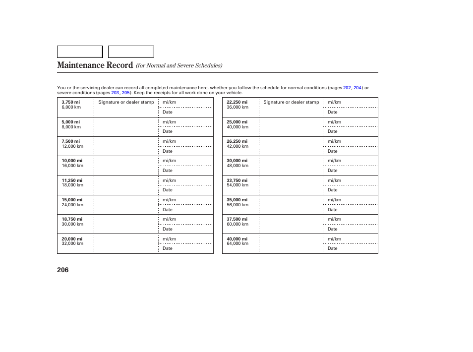 Maintenance record | HONDA 2005 Accord Sedan - Owner's Manual User Manual | Page 207 / 302