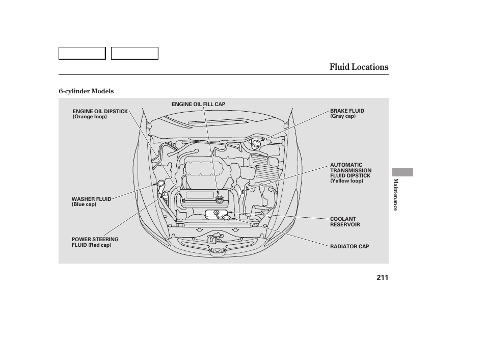 Fluid locations | HONDA 2005 Accord Sedan - Owner's Manual User Manual | Page 212 / 302