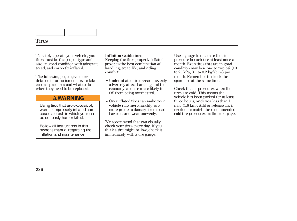 Tires | HONDA 2005 Accord Sedan - Owner's Manual User Manual | Page 237 / 302