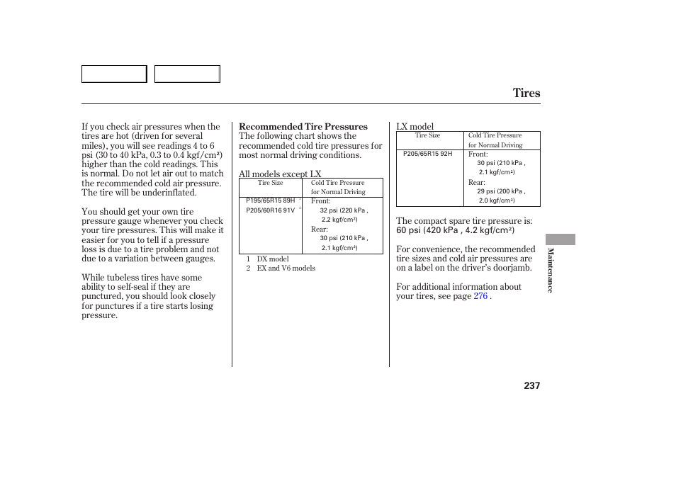 Tires | HONDA 2005 Accord Sedan - Owner's Manual User Manual | Page 238 / 302
