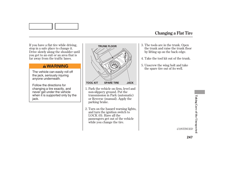 Changing a flat tire | HONDA 2005 Accord Sedan - Owner's Manual User Manual | Page 248 / 302