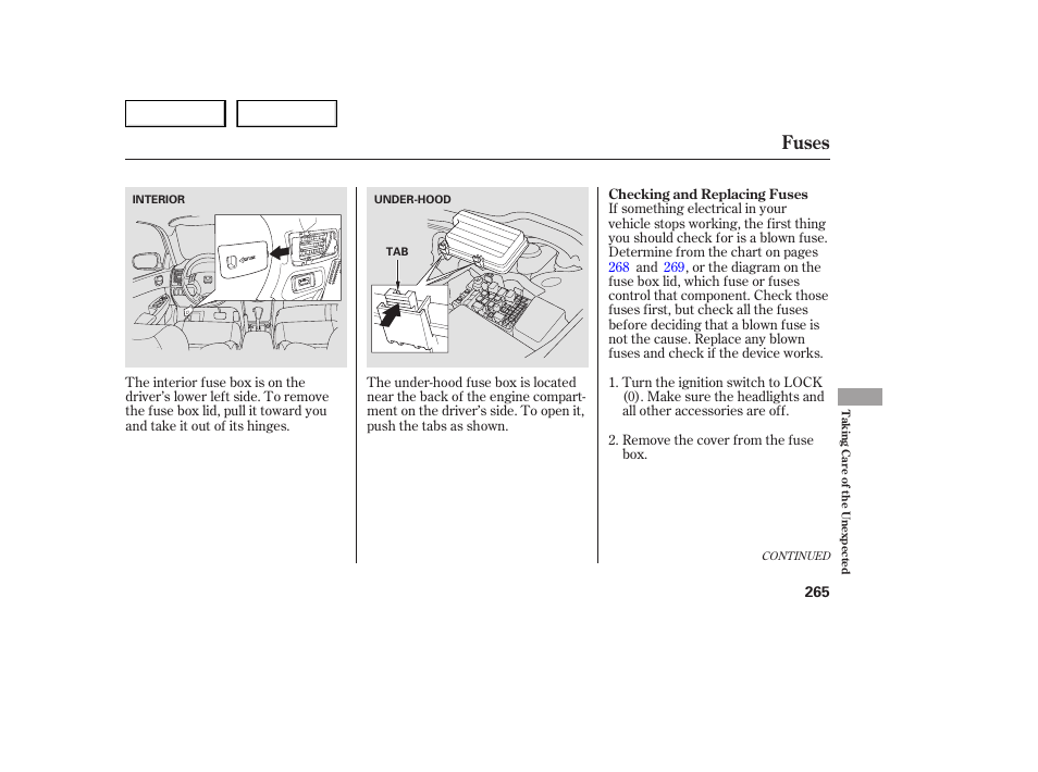 Fuses | HONDA 2005 Accord Sedan - Owner's Manual User Manual | Page 266 / 302