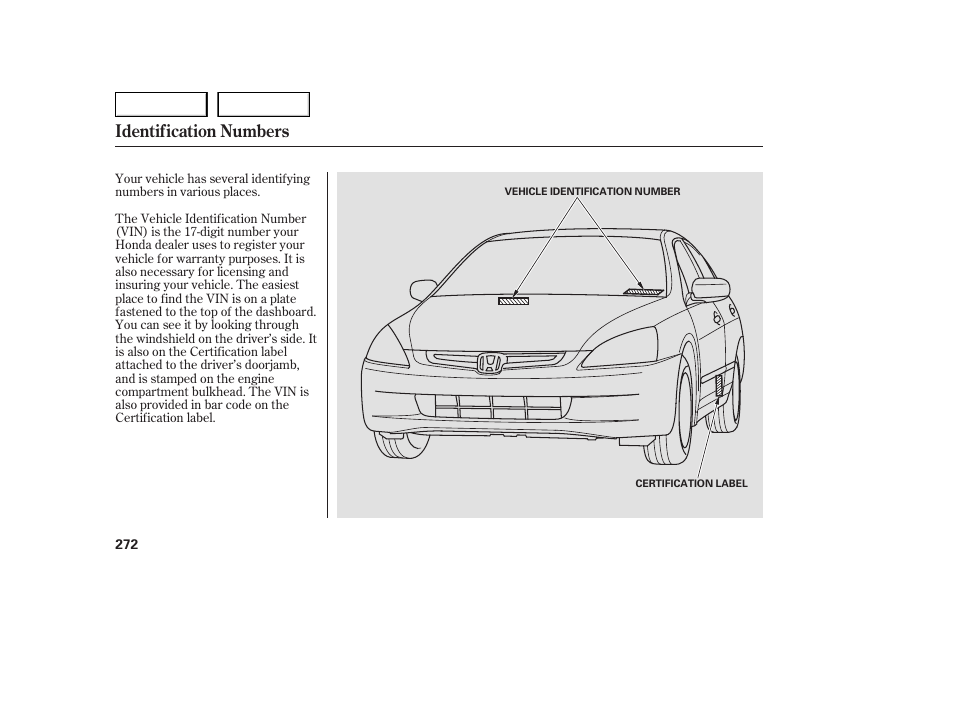 Identification numbers | HONDA 2005 Accord Sedan - Owner's Manual User Manual | Page 273 / 302