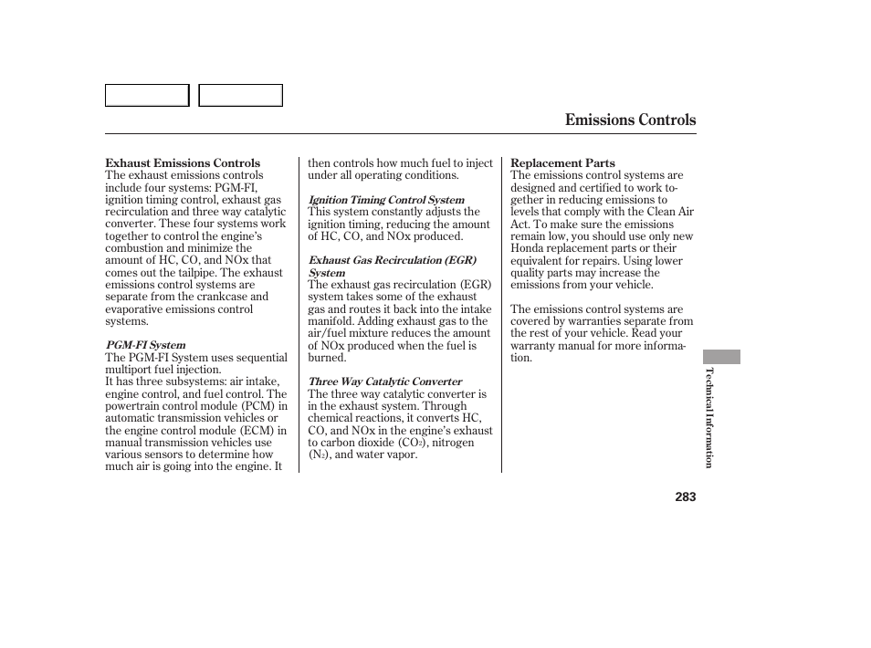 Emissions controls | HONDA 2005 Accord Sedan - Owner's Manual User Manual | Page 284 / 302