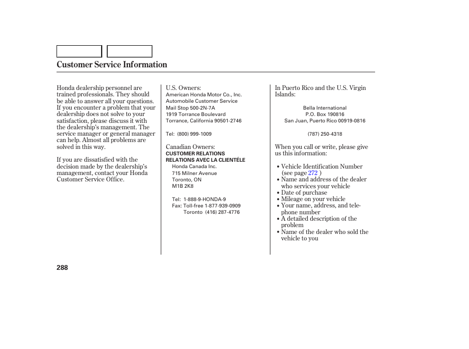 Customer service information | HONDA 2005 Accord Sedan - Owner's Manual User Manual | Page 289 / 302