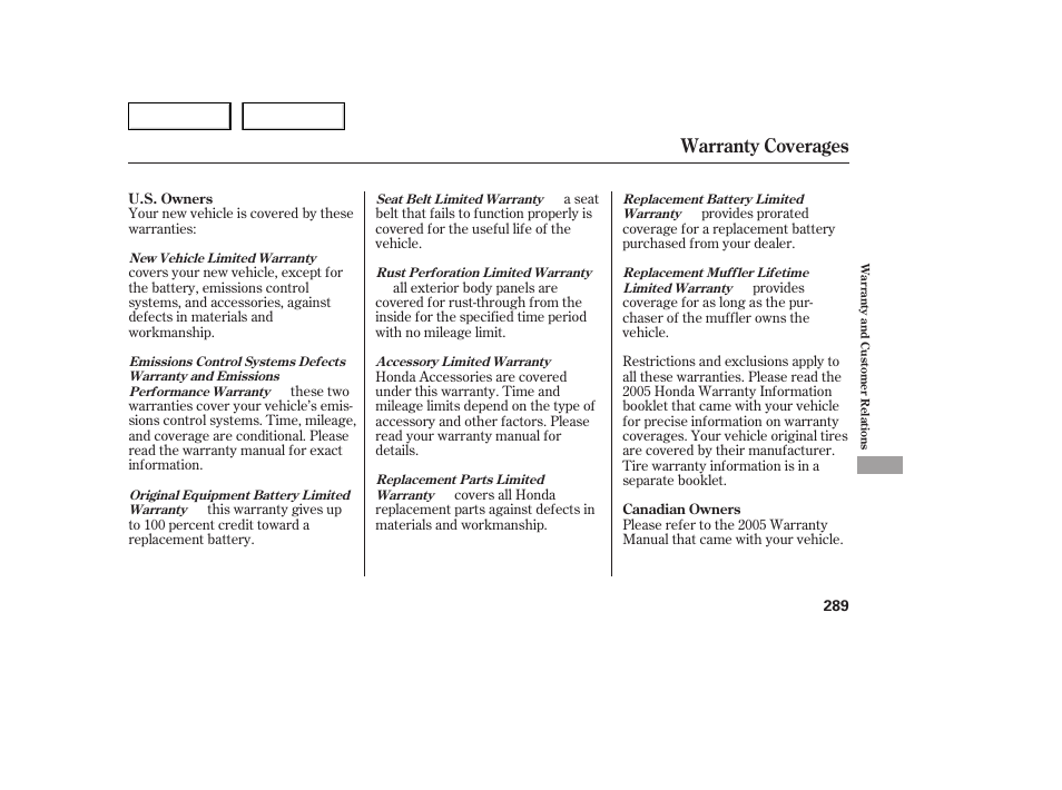 Warranty coverages | HONDA 2005 Accord Sedan - Owner's Manual User Manual | Page 290 / 302