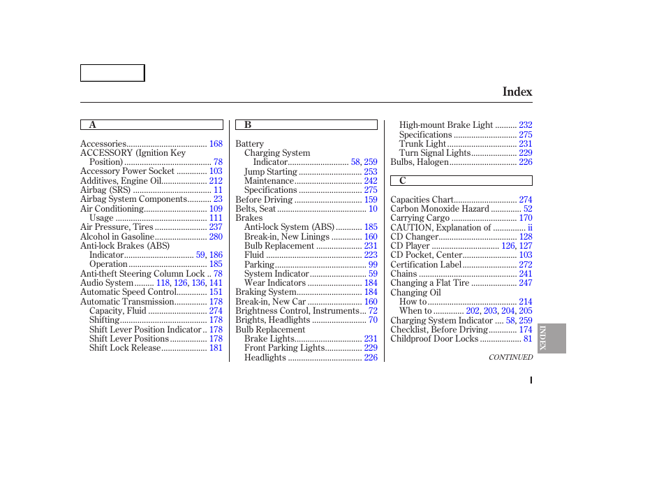 Index | HONDA 2005 Accord Sedan - Owner's Manual User Manual | Page 294 / 302