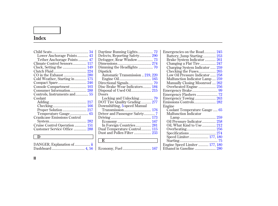 Index | HONDA 2005 Accord Sedan - Owner's Manual User Manual | Page 295 / 302