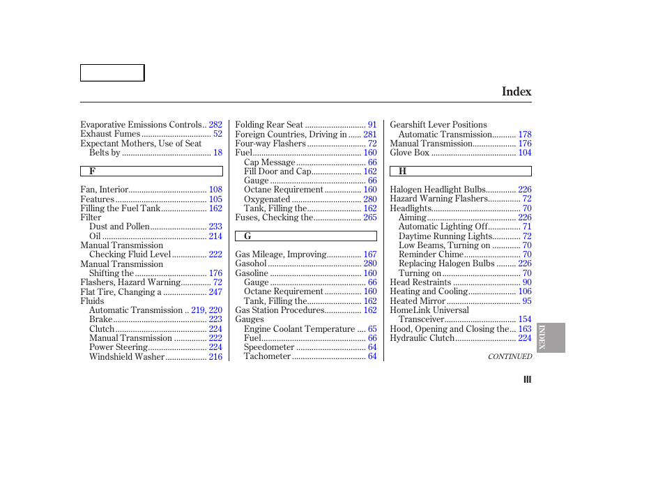 Index | HONDA 2005 Accord Sedan - Owner's Manual User Manual | Page 296 / 302