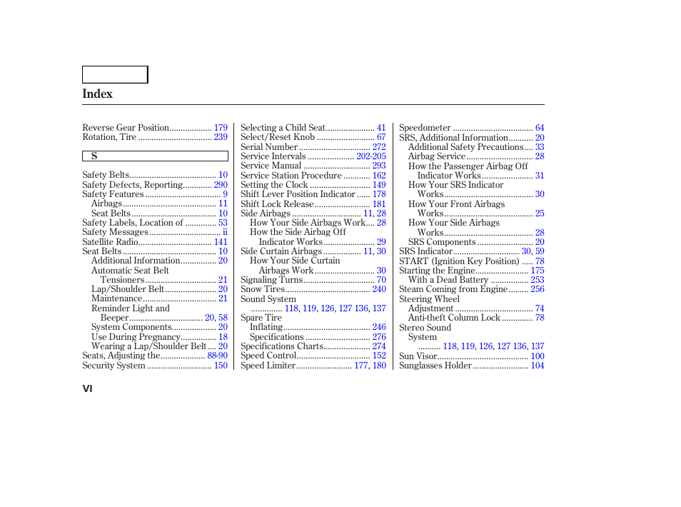 Index | HONDA 2005 Accord Sedan - Owner's Manual User Manual | Page 299 / 302