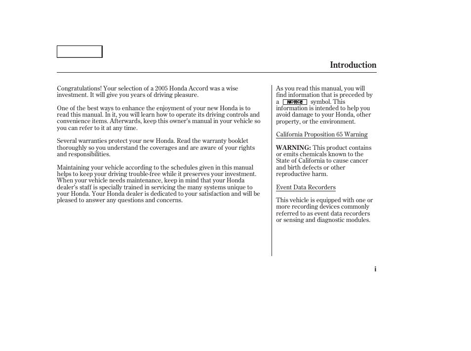Introduction | HONDA 2005 Accord Sedan - Owner's Manual User Manual | Page 3 / 302