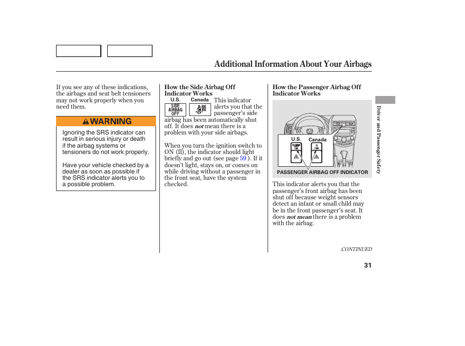 Additional information about your airbags | HONDA 2005 Accord Sedan - Owner's Manual User Manual | Page 32 / 302