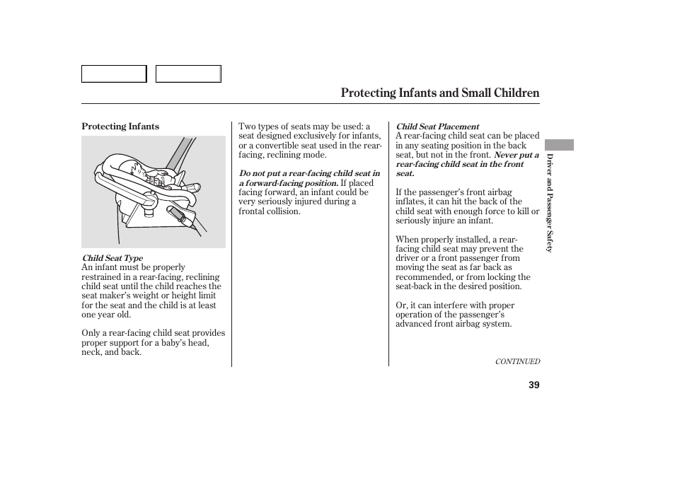 Protecting infants and small children | HONDA 2005 Accord Sedan - Owner's Manual User Manual | Page 40 / 302