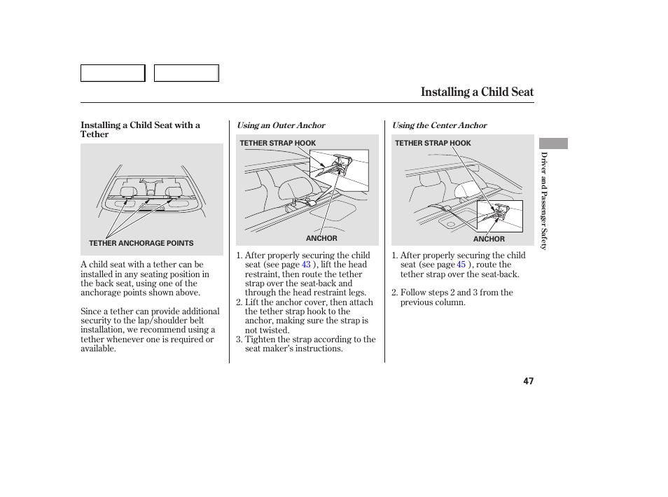 Installing a child seat | HONDA 2005 Accord Sedan - Owner's Manual User Manual | Page 48 / 302