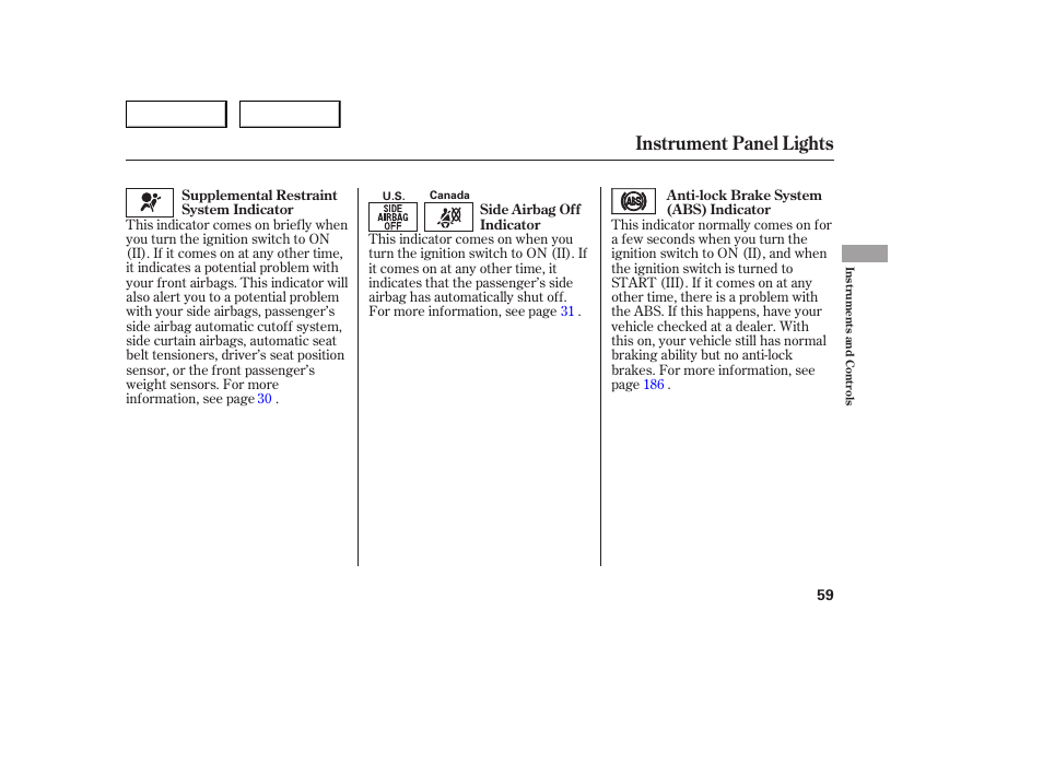 Instrument panel lights | HONDA 2005 Accord Sedan - Owner's Manual User Manual | Page 60 / 302