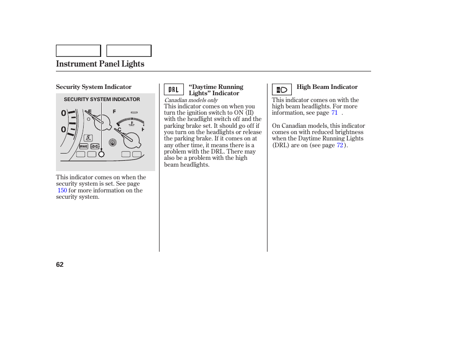 Instrument panel lights | HONDA 2005 Accord Sedan - Owner's Manual User Manual | Page 63 / 302