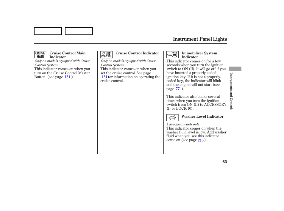 Instrument panel lights | HONDA 2005 Accord Sedan - Owner's Manual User Manual | Page 64 / 302