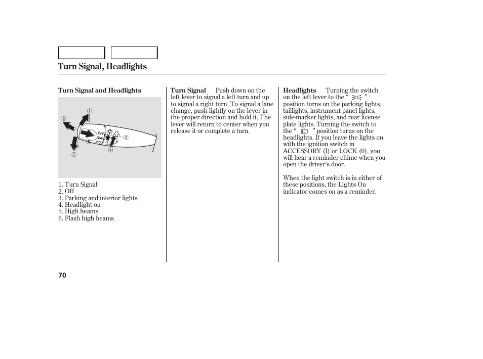 Turn signal, headlights | HONDA 2005 Accord Sedan - Owner's Manual User Manual | Page 71 / 302